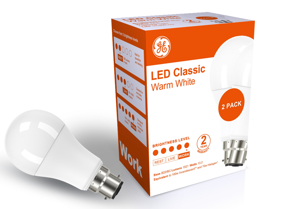 GE LED BULB GLS 13.2W BC 2700K 1521lm 2PACK