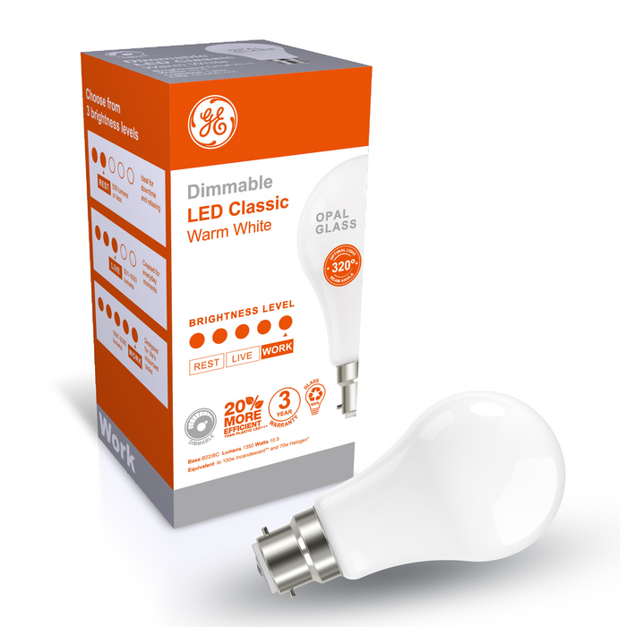 GE LED CLASSIC DIMMABLE OPAL 10.5W 1350lm WW BC