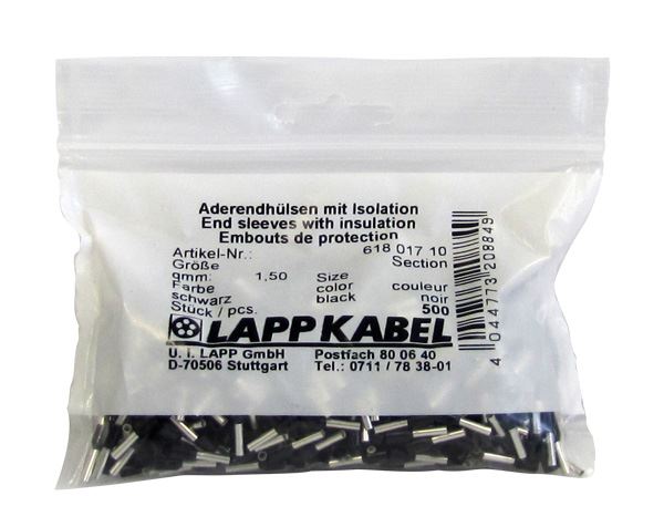 Lapp Ferrules Single 1.5mm2 x 8mm BK  (500 Pack)