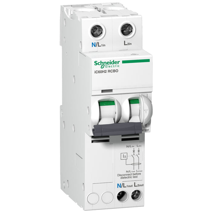 Schneider Residual current breaker with overcurrent protection (RCBO), Acti9 iC60H2 RCBO, 2P, 25A, 30mA, A type, 10000A