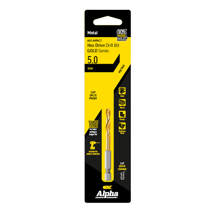 Alpha Gold Series HSS Impact Hex Drive Drill Bit 5.0mm