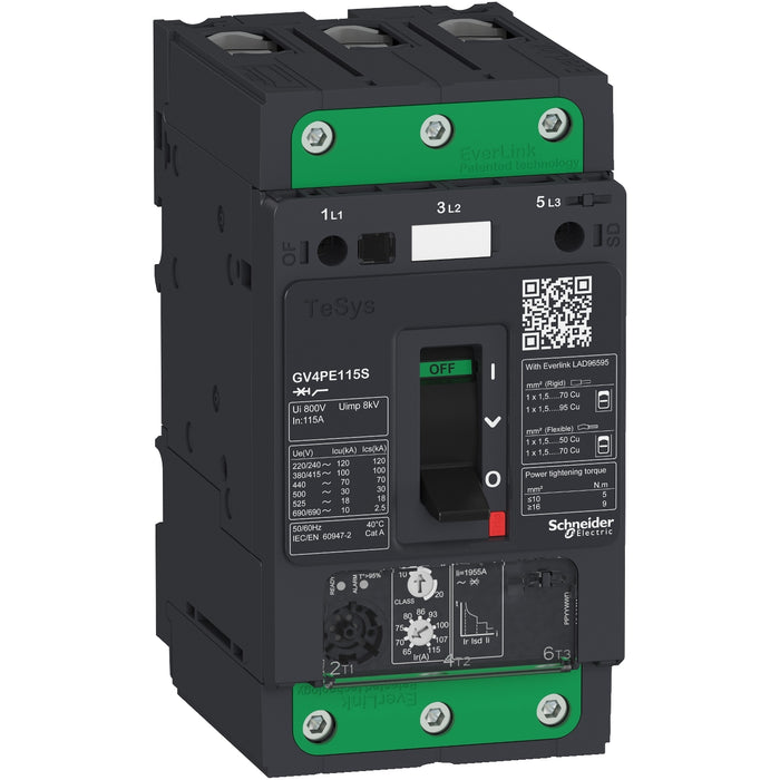 Schneider Motor circuit breaker, TeSys GV4, 3P, 2A, Icu 50kA, thermal magnetic, Everlink terminals