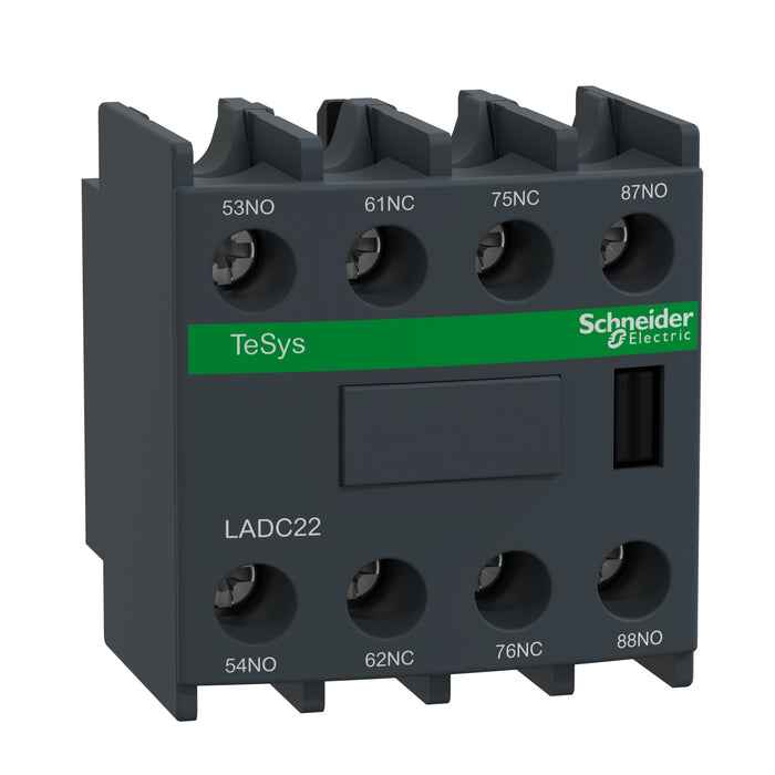 Schneider Auxiliary contact block, TeSys Deca, 2NO + 2NC (inc. 1NO + 1NC make before break), front, screw clamp terminals