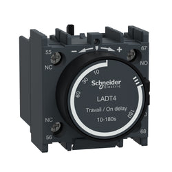 Schneider Time delay auxiliary contact block, TeSys Deca, 1NO + 1NC, on delay 10-180s, front, screw clamp terminals