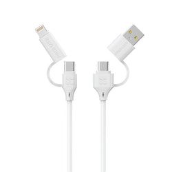 1.2m 60W 4-in-1 Braided Cable with USB-C, Lightning, USB-A Interchangeable Connectors. Transfer rate 480Mbps. Up to 15000 Bend Life Span. White Colour