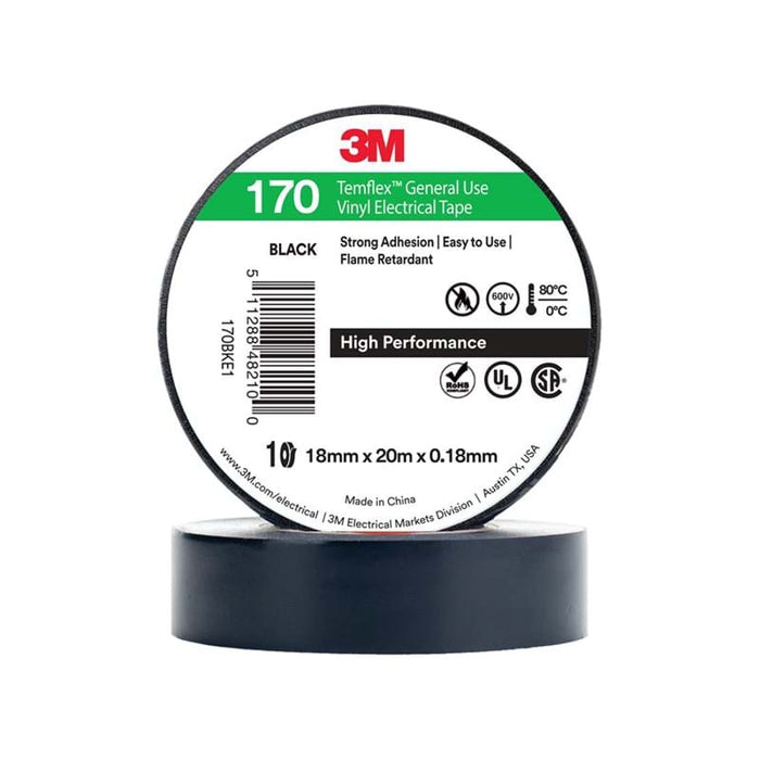 Ohug 3M Temflex 170 Black Vinyl Electrical Tape General Purpose 18mm x 20M