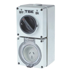 Tradesave  Switched Outlet 3 Pin 10A Flat. IP66. Stainless Steel cover fastening. Heavy DutyIncludes Base