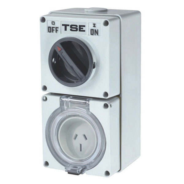 Tradesave  Switched Outlet  3 Pin 32A Round. IP66 Stainless Steel cover fastening. Heavy Duty Includes Base