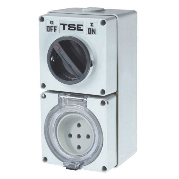 Tradesave  Switched Outlet  5 Pin 32A Round. IP66 Stainless Steel cover fastening. Heavy Duty Includes Base