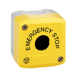 Schneider Harmony XALD, XALK, Empty control station, plastic, yellow, 1 cut-out, marked EMERGENCY STOP and logo ISO13850