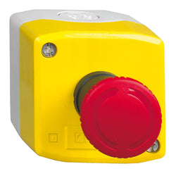 Schneider Harmony XALD, XALK, Control station, plastic, yellow, 1 red mushroom head push button 40mm, emergency stop turn to release, 1NO + 1 NC, unmarked