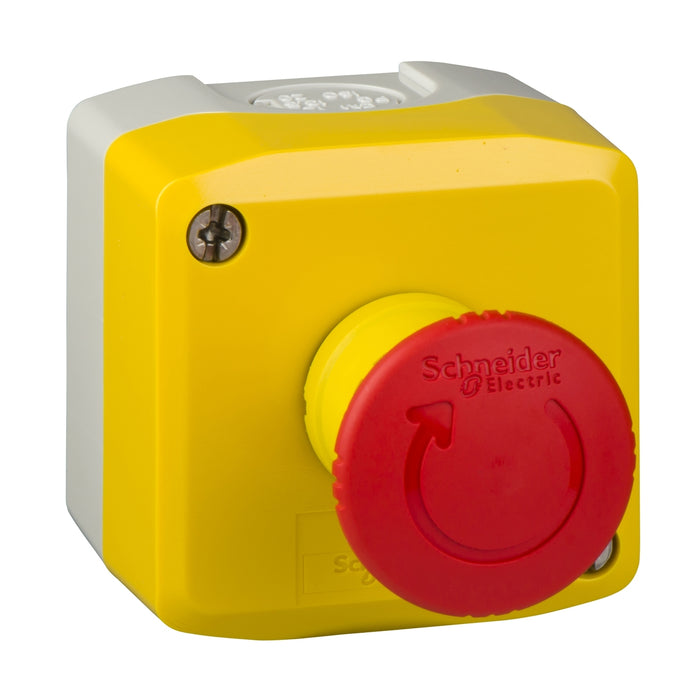 Schneider Harmony XALD, XALK, Control station, plastic, yellow lid, 1 red mushroom push button 40mm, turn to release, 1 NC