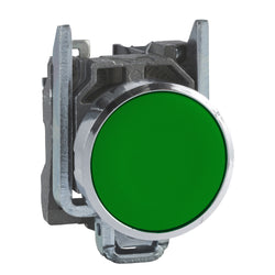 Schneider Harmony XB4, Push button, metal, flush, green, 22mm, spring return, unmarked, 1 NO