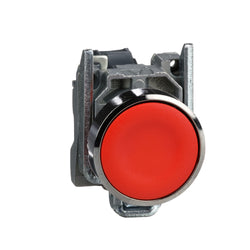 Schneider Harmony XB4, Push button, metal, flush, red, 22mm, spring return, unmarked, 1NC