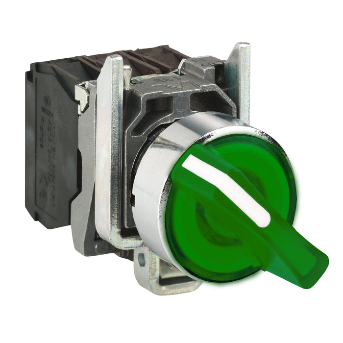 Schneider Harmony XB4, Illuminated selector switch, metal, green, 22mm, 2 positions, stay put, 24 V AC/DC, 1 NO + 1 NC