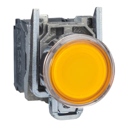 Schneider Harmony XB4, Illuminated push button, metal, flush, orange, 22mm, spring return, 1 NO + 1 NC 24 V AC/DC