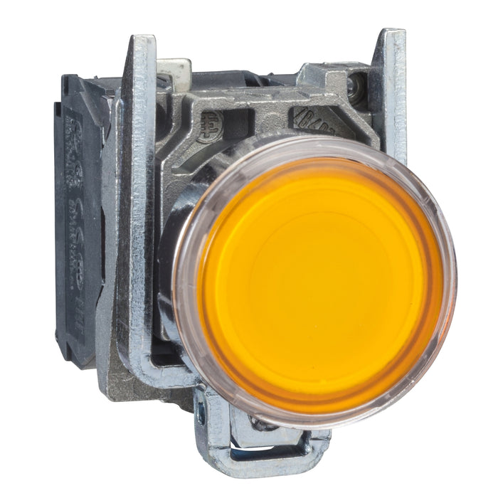 Schneider Harmony XB4, Illuminated push button, metal, flush, orange, 22mm, spring return, 110-120 V AC, 1 NO + 1 NC