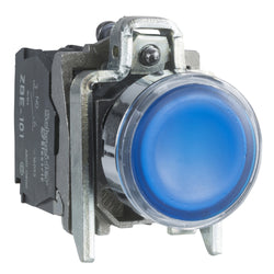 Schneider Harmony XB4, Illuminated push button, metal, flush, blue, 22mm, spring return, 1 NO + 1 NC 24 V AC/DC