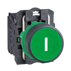 Schneider Harmony XB5, Push button, plastic, flush, green, 22mm, spring return, marked I, 1 NO