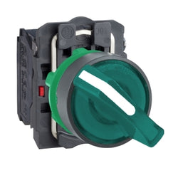 Schneider Harmony XB5, Illuminated selector switch, plastic, green, 22mm, 2 positions, stay put, 230-240 V AC, 1 NO + 1 NC