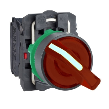 Schneider Harmony XB5, Illuminated selector switch, plastic, red, 22mm, 2 positions, stay put, 230-240 V AC, 1 NO + 1 NC