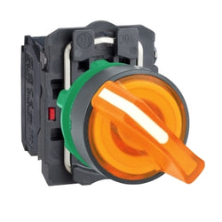 Schneider Harmony XB5, Illuminated selector switch, plastic, orange, 22mm, 2 positions, stay put, 24 V AC/DC, 1 NO + 1 NC