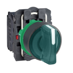 Schneider Harmony XB5, Illuminated selector switch, plastic, green, 22mm, 3 positions, stay put, 24 V AC/DC, 1 NO + 1 NC