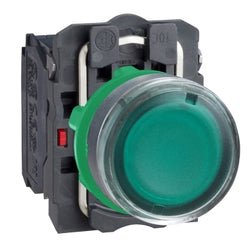 Schneider Harmony XB5, Illuminated push button, plastic, flush, green, 22mm, spring return, 24 V AC/DC, 1 NO + 1 NC