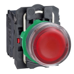 Schneider Harmony XB5, Illuminated push button, plastic, flush, red, 22mm, spring return, 24 V AC/DC, 1 NO + 1 NC