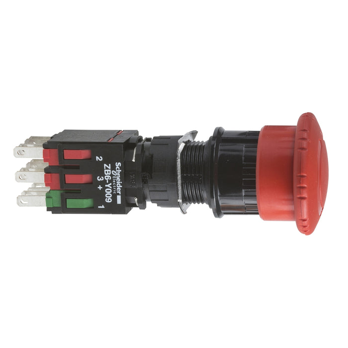 Schneider Complete emergency stop push button, Harmony XB6, red 30mm pushbutton 16mm trigger latching turn release 1NO+2NC