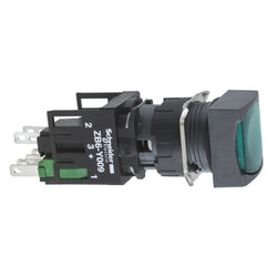 Schneider Complete illuminated push button, Harmony XB6, green square flush illum pushbutton 16mm latching 1 NO 12-24 V