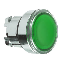 Schneider Harmony XB4, Illuminated push button head, metal, flush, green, 22mm, spring return, integral LED, for insertion legend, unmarked