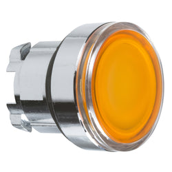 Schneider Harmony XB4, Illuminated push button head, metal, flush, orange, 22mm, spring return, integral LED, for insertion legend, unmarked