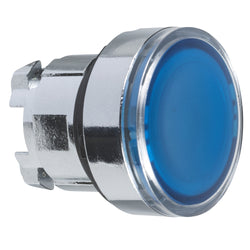 Schneider Harmony XB4, Illuminated push button head, metal, flush, blue, 22mm, spring return, integral LED, for insertion legend, unmarked