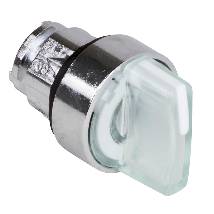 Schneider Harmony XB4, Illuminated selector switch head, metal, white, 22mm, integral LED, 3 positions, spring return to center