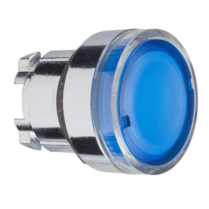 Schneider Harmony XB4, Illuminated push button head, metal, flush, blue, 22mm, spring return, plain lens for BA9s bulb