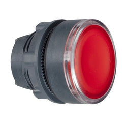 Schneider Harmony XB5, Illuminated push button head, plastic, flush, red, 22mm, spring return, integral LED, for insetion of legend, unmarked