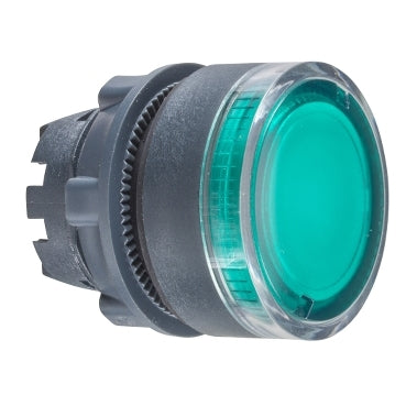 Schneider Harmony XB5, Illuminated push button head, plastic, flush, green, 22mm, spring return, plain lens for BA9s bulb