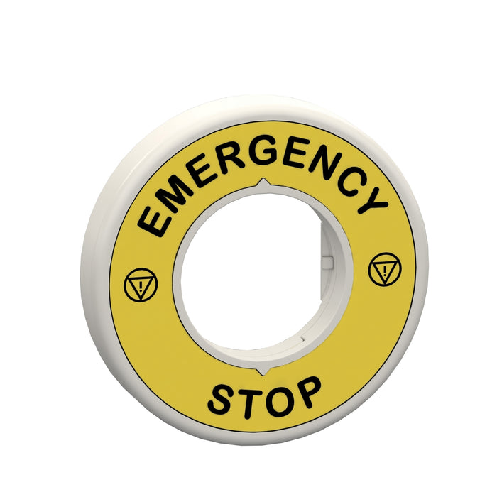 Schneider Harmony, Illuminated ring 60mm plastic, yellow, red fixed integral LED, marked EMERGENCY STOP, 110-120 V AC