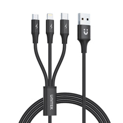 1.2m USB 3-in-1 Charge Cable. Integrated USB-A to Micro-B Lightning Connector & USB-C Connector Black