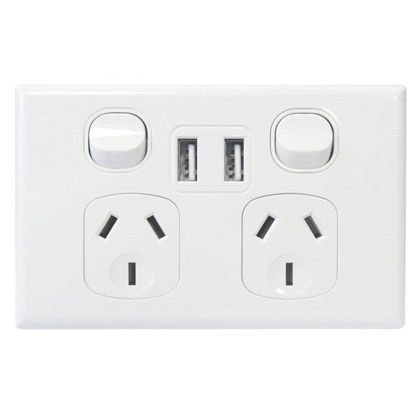 Tradesave Double 10A Horizontal Powerpoint with Twin USB Ports