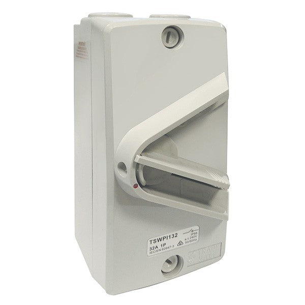 Tradesave  Weatherproof Isolator Switch.3 Pole. IP66. 32A. Grey heavy duty industrial grade virgin plastic. UV stabilised. Surface mount.